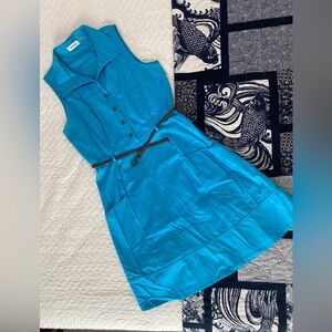 Turquoise Calvin Klein Snap Front, Knee Length Dress with Belt